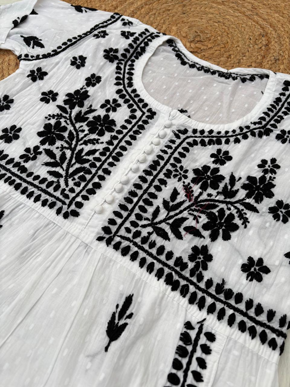 Sonakshi Soft Cotton Lucknowi Chikankari Handwork Kurti (With Pockets) - White Black Color
