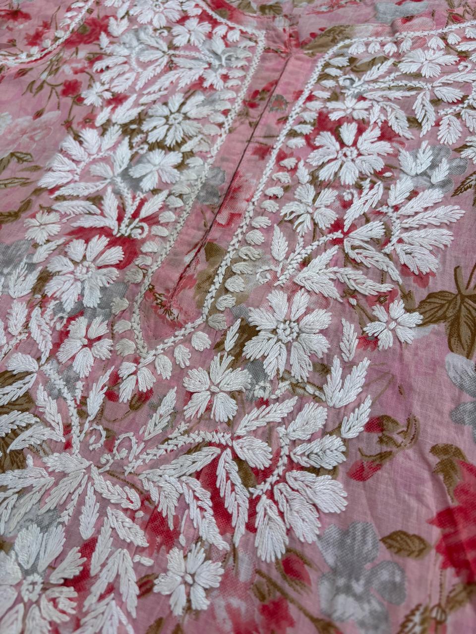 Alina Pure Mulmul Chikankari Handwork Kurti - Pink Colour