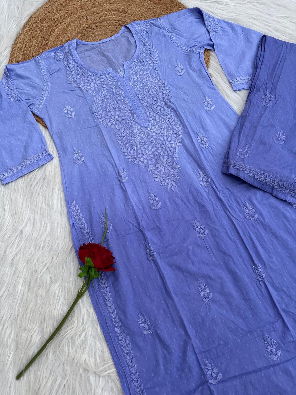 Nuha Dobby cotton Ombre shaded Lucknowi Chikankari Kurti Plazo Set - Lavender Colour