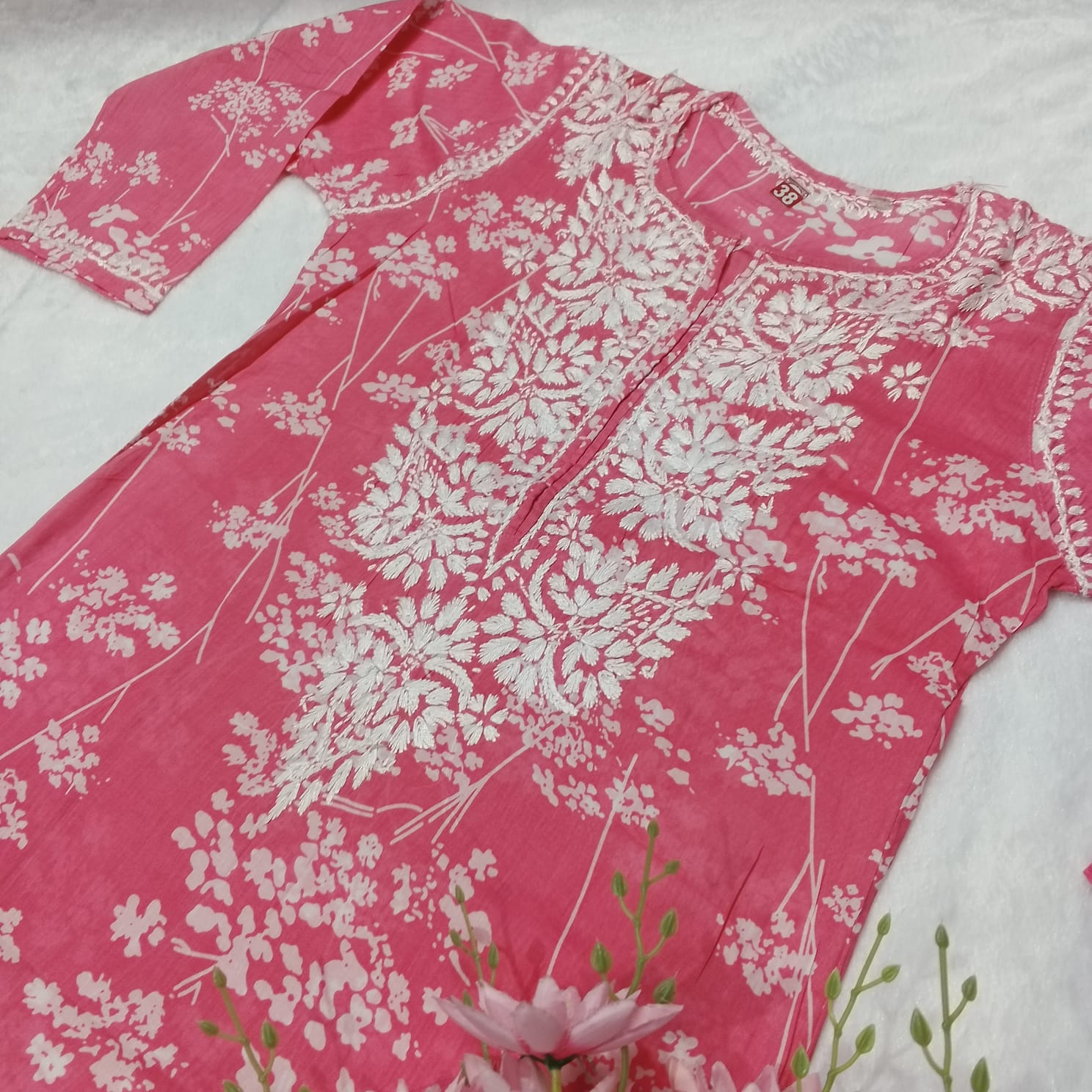 PURE MULMUL PRINTED CHIKANKARI KURTI - PINK COLOUR - chikankaar