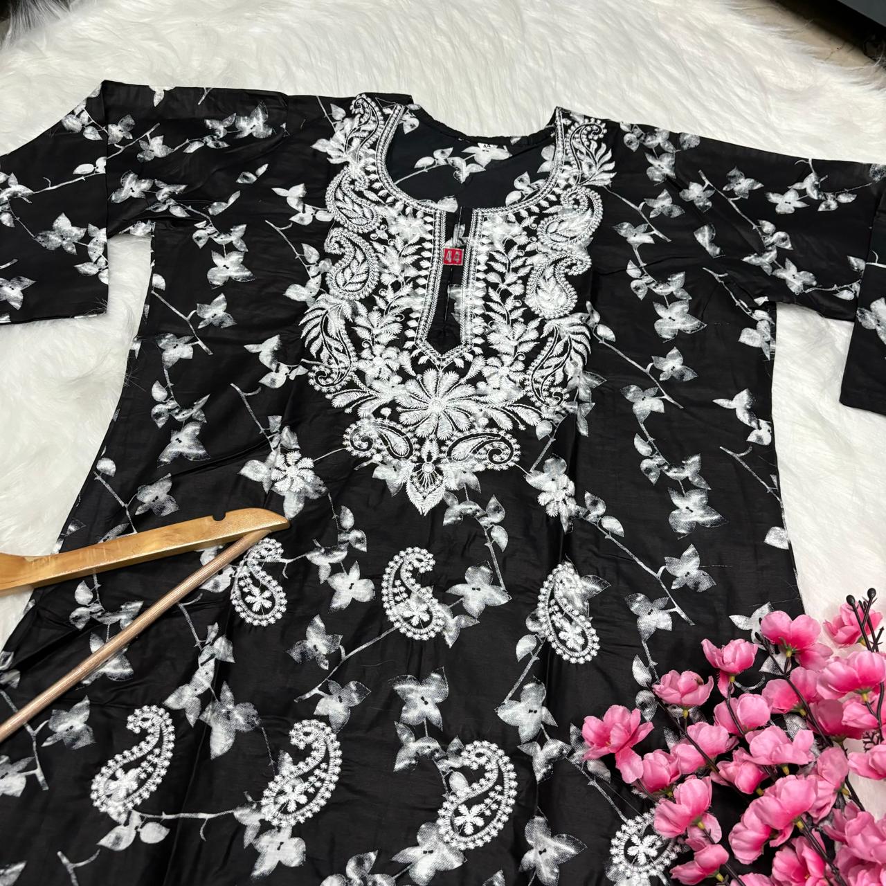 Mulmul Cotton Chikankari Machine Work Kurti -Black Colour