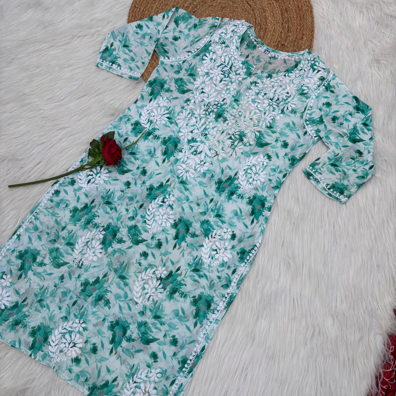Amara Pure Mulmul Chikankari  Handwork Kurti -Sea Green Colour