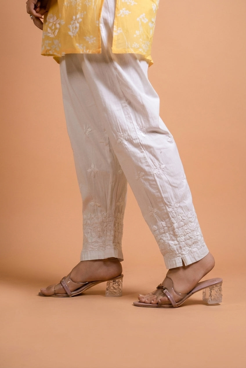 Sophia Pure Cotton Lycra Handwork Chikankari Pant- White