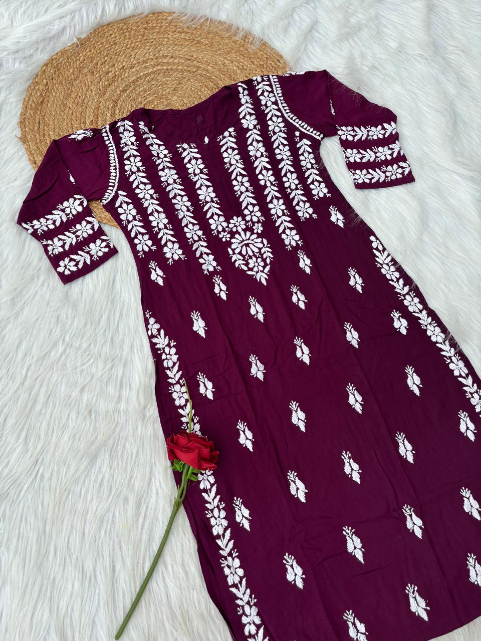 Zoobia Soft Rayon Handwork Chikankari Kurti - Wine Colour