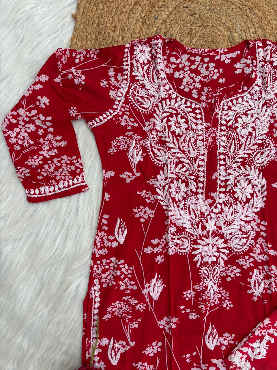 Jiya Mulmul Cotton Handwork Chikankari Kurti Set - Red Colour