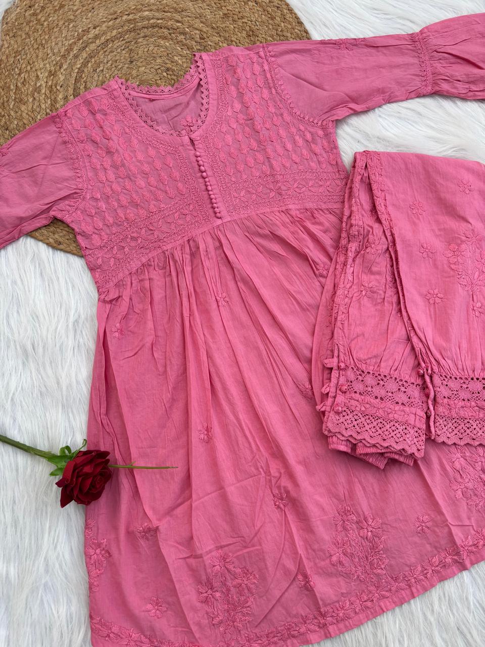 Laila Dobby Cotton Frock Style Short Kurti with Afghani Pant - Gazri Color