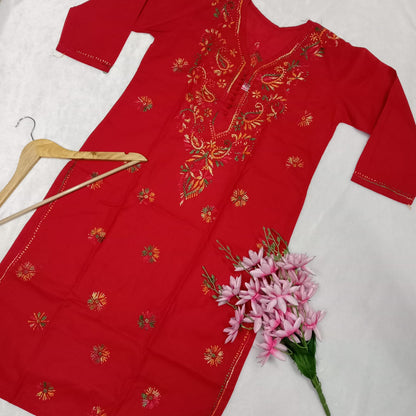 Pure Cotton Chikankari Multi Printed Embroidery Work Kurti - Red Colour