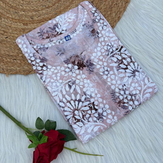 Fawziya Pure Mulmul Chikankari  Handwork Kurti - Cream Skin Colour