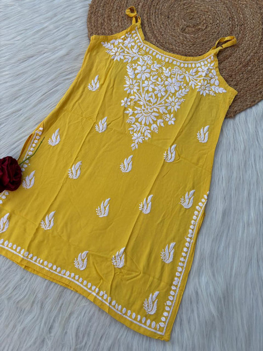 Ayla Rayon Handwork Chikankari Noodle Strap Short Kurti - Yellow colour