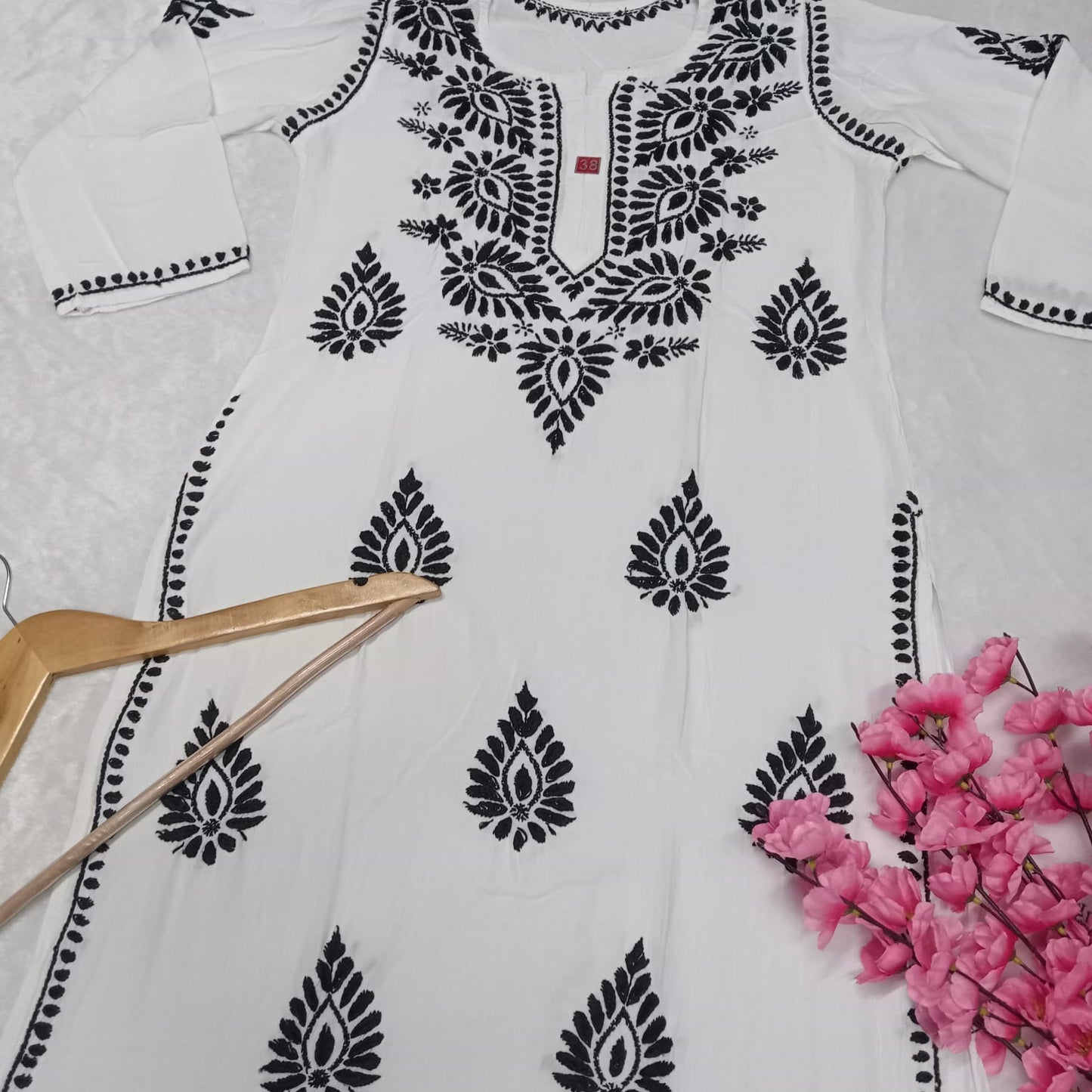 Ghazal Chikankari Rayon Straight Kurti - White Black Color