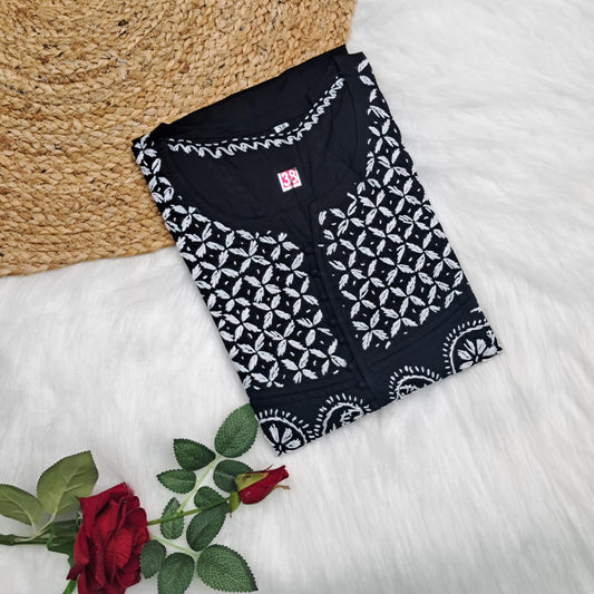 Adiva Pure Cotton Chikankari Handwork Kurti - Black Colour