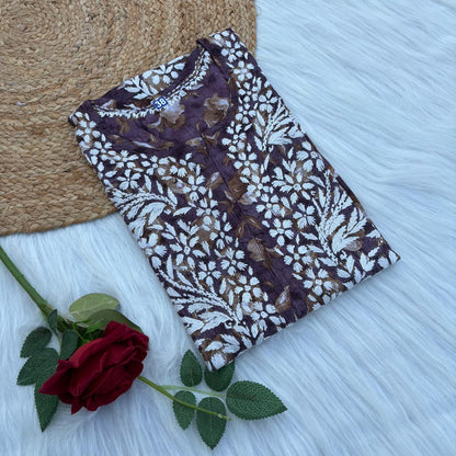 Sana Pure Mulmul Chikankari  Handwork Kurti - Purple Colour