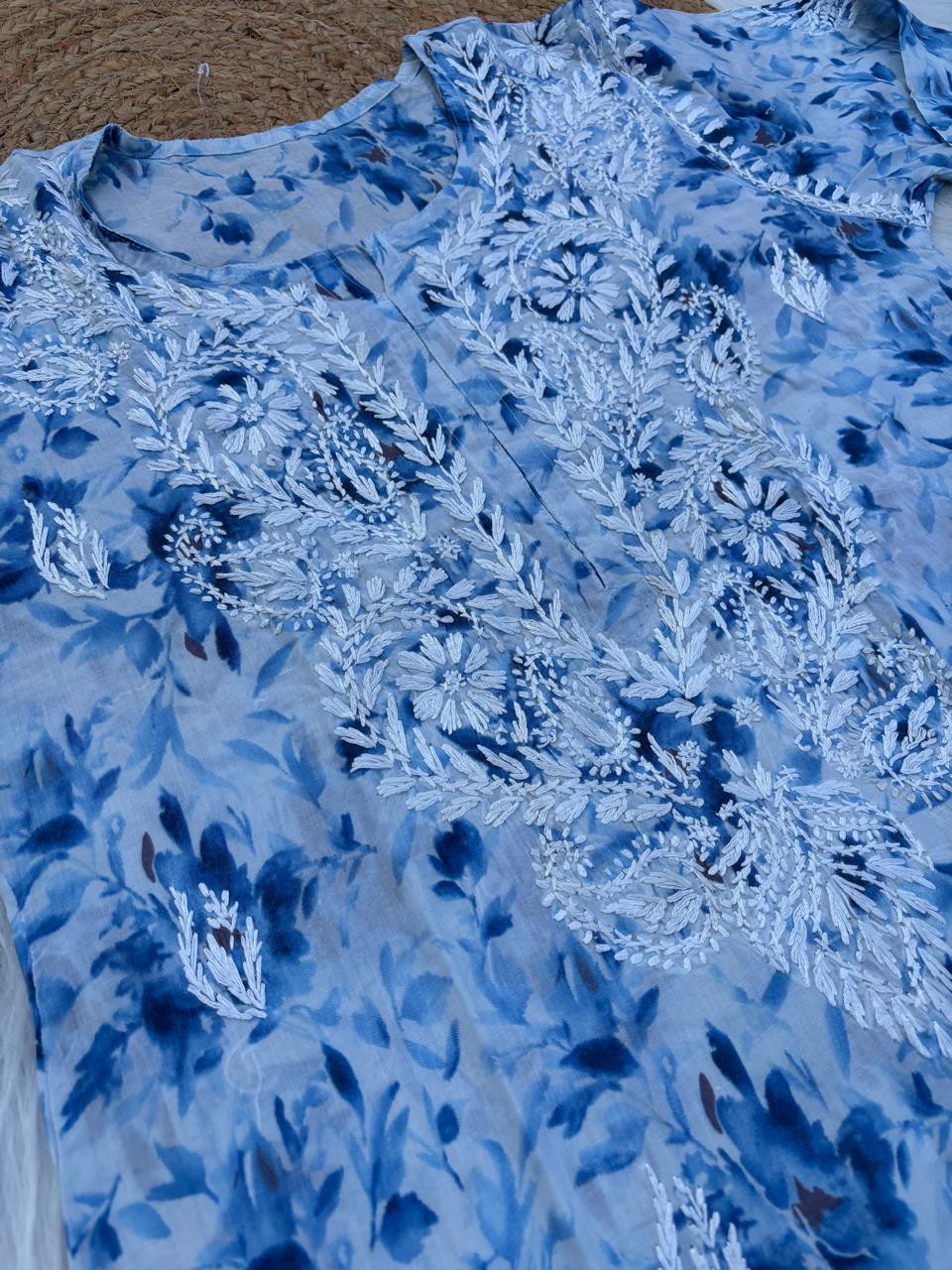 Hadaya Mulmul Cotton Chikankari Kurti Set - Blue Colour