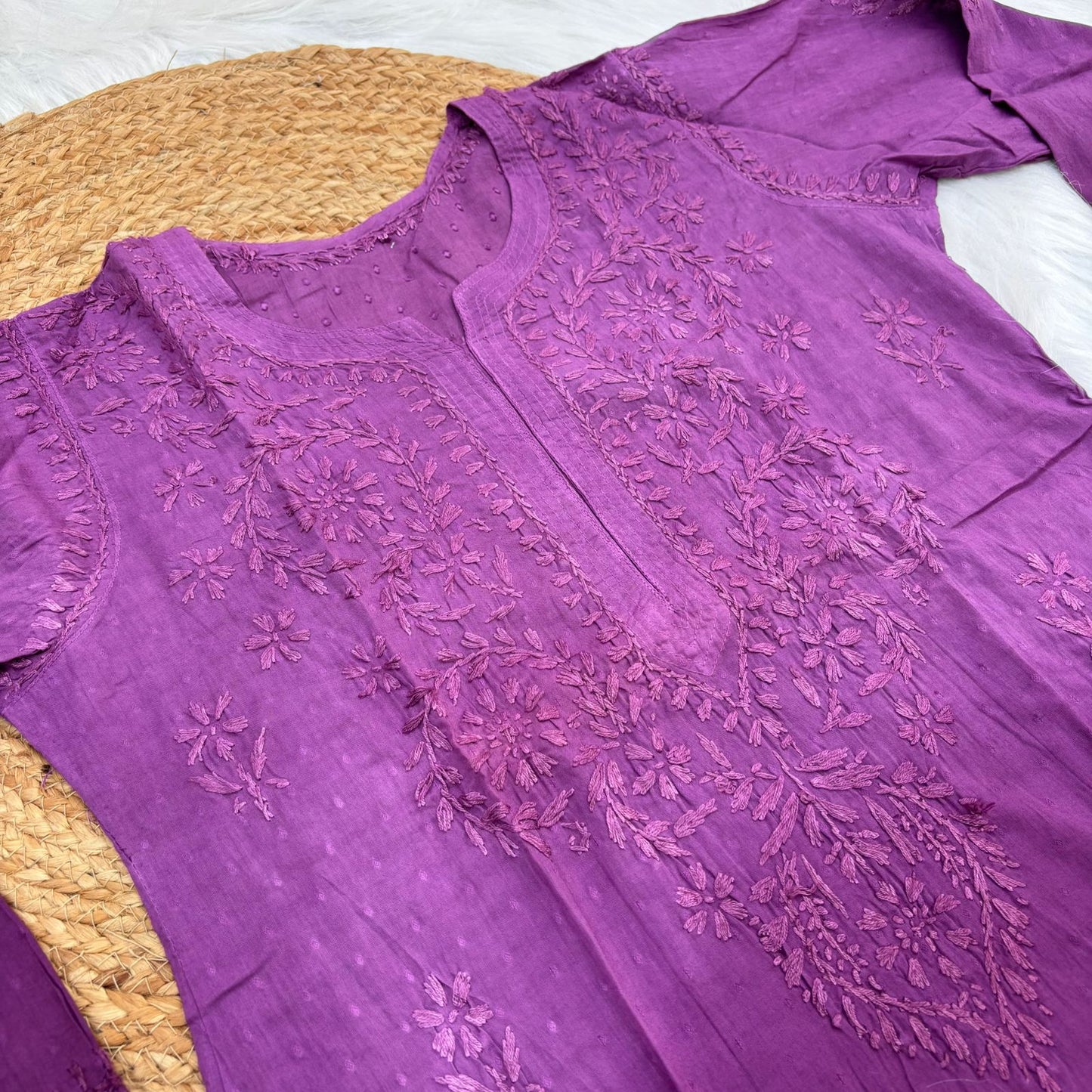 Tuba Ombre Shaded Dobby Cotton Chikankari Kurti - Wine Colour