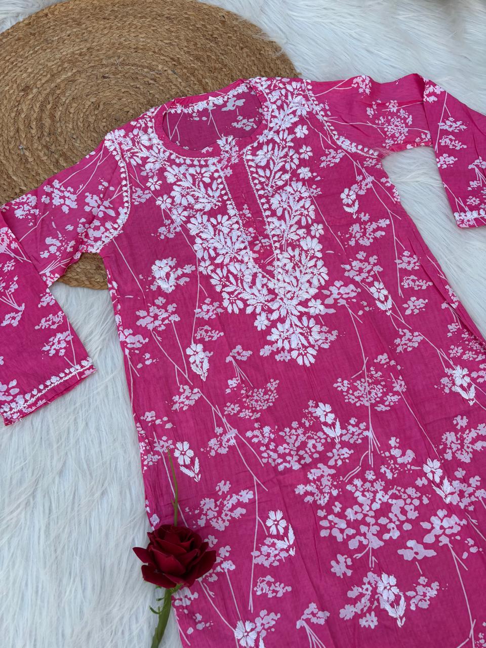 Sidra Pure Mulmul Chikankari Handwork Kurti - Pink Colour