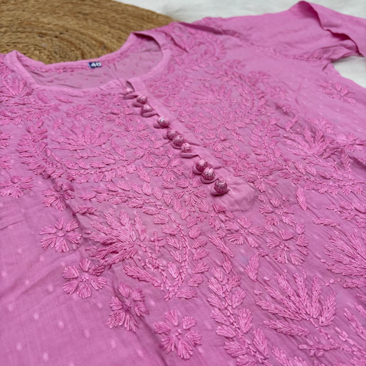 Farah Ombre Shaded Dobby Cotton Chikankari Kurti - Pink colour
