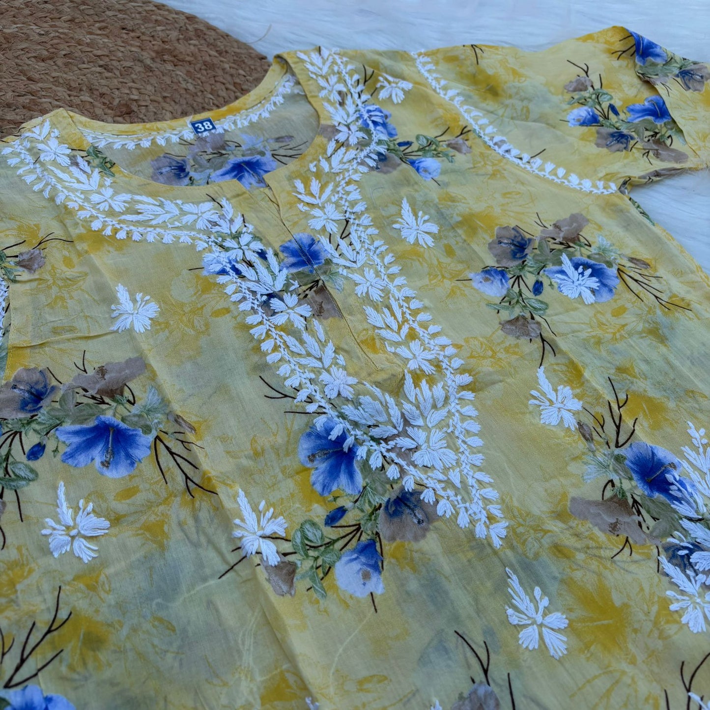 Rasha Pure Mulmul Chikankari Kurti - Yellow Colour