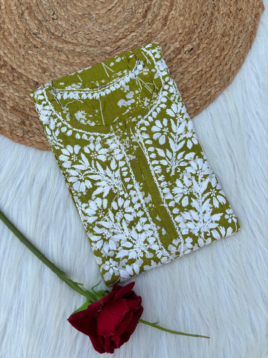 Sidra Pure Mulmul Chikankari Handwork Kurti - Green Colour