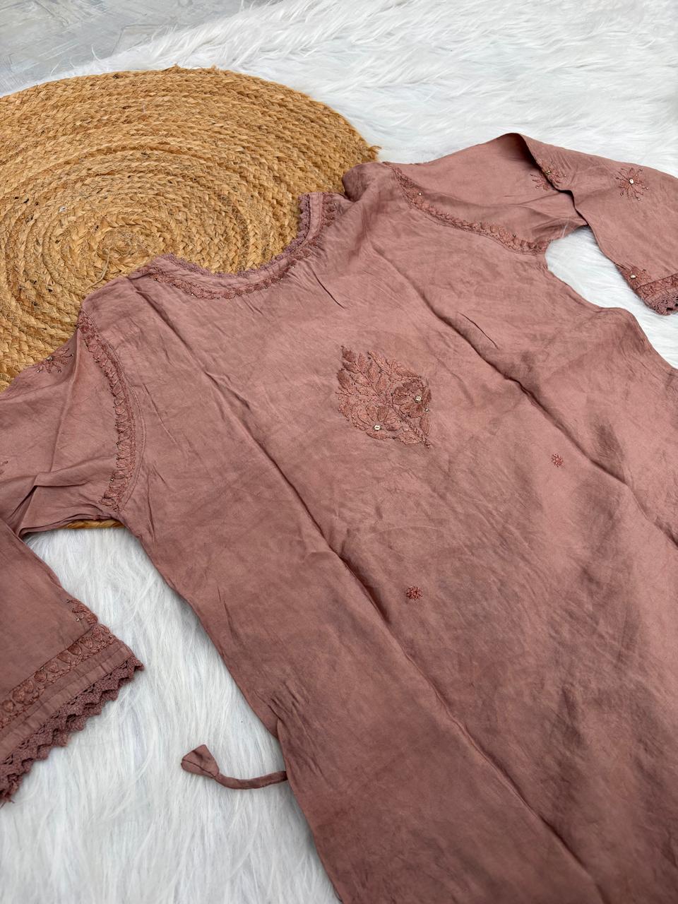 Naaz Chanderi Angrakha style Chikankari Kurti with Mukaish work - Brown Colour
