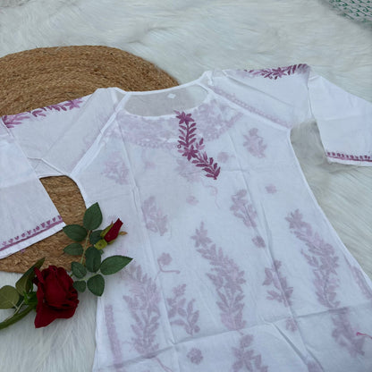 Alia Soft Rayon Chikankari Short Kurti - White Mauve Color - Chikankaar