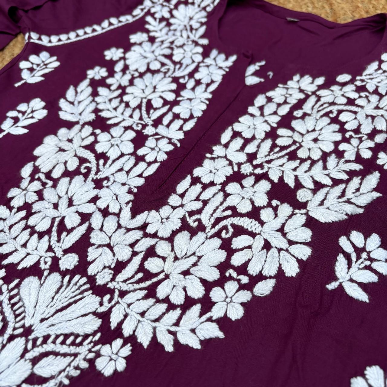 Maysa Soft Rayon Chikankari Kurti - Wine Colour