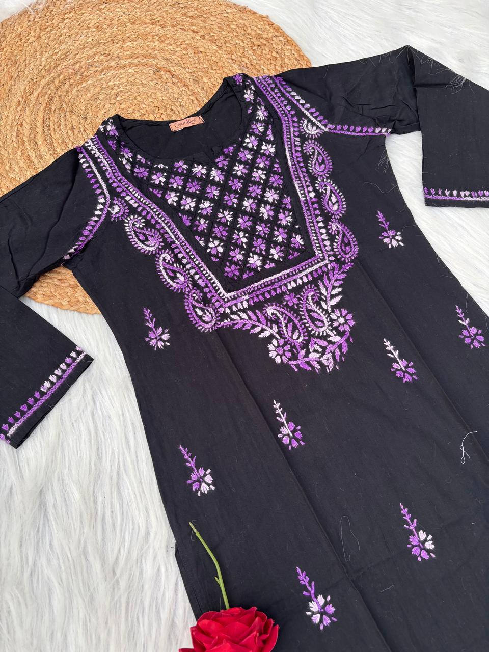 Maryam Handwork Cotton Lucknowi Chikankari Kurti - Purple Color