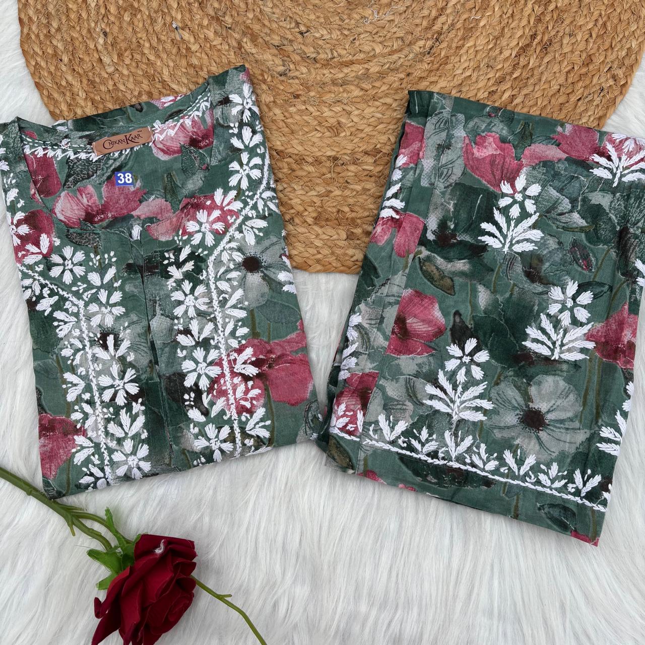 Jameela Mulmul Cotton Chikankari Kurti Set - Dark Green Colour