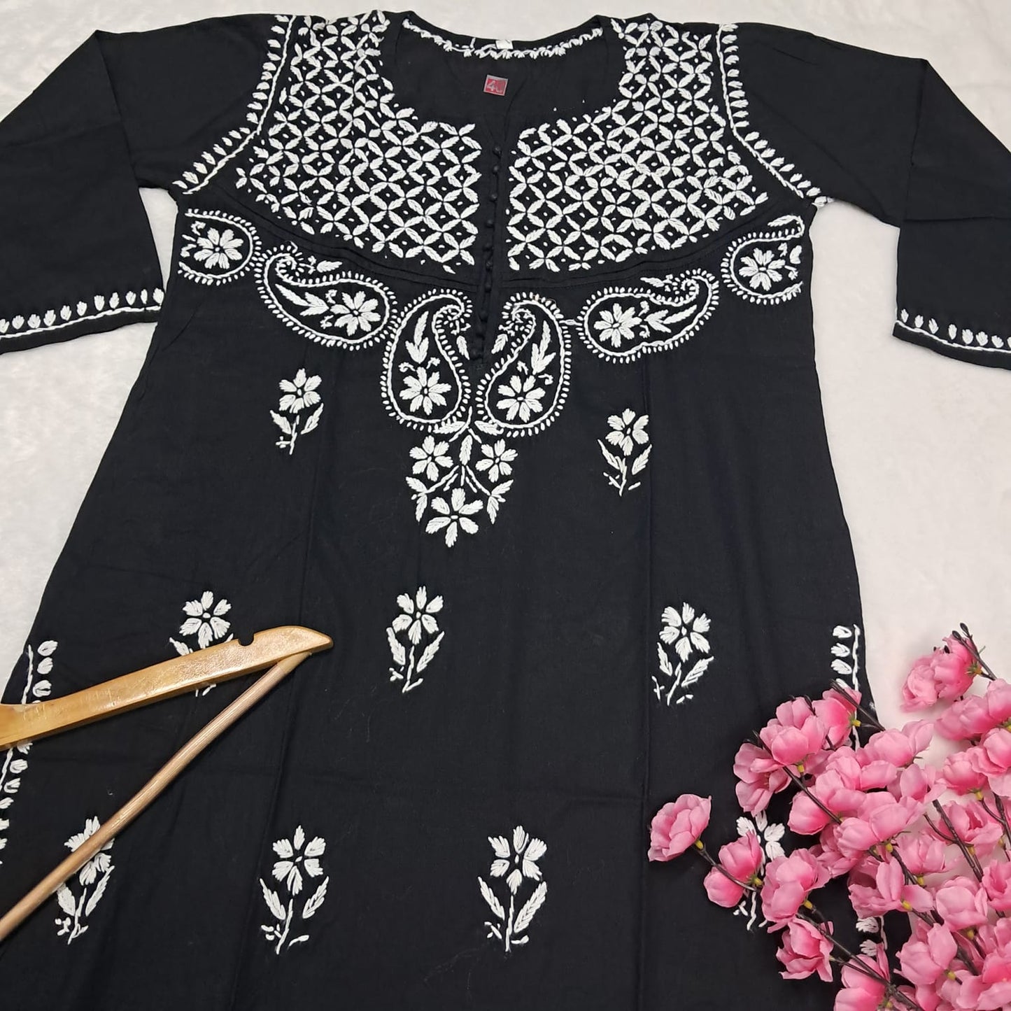 Adiva Pure Cotton Chikankari Handwork Kurti - Black Colour