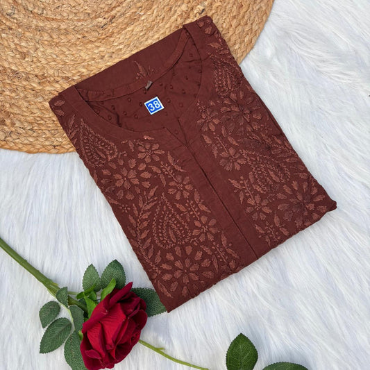 Tamanna Dobby Cotton Chikankari Kurti - Brown Colour