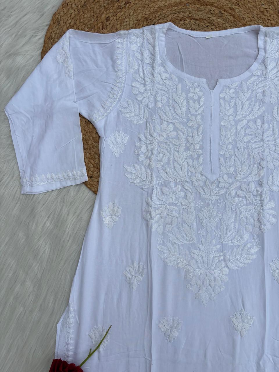 Simar Soft Rayon Handwork Chikankari Kurti- White Colour