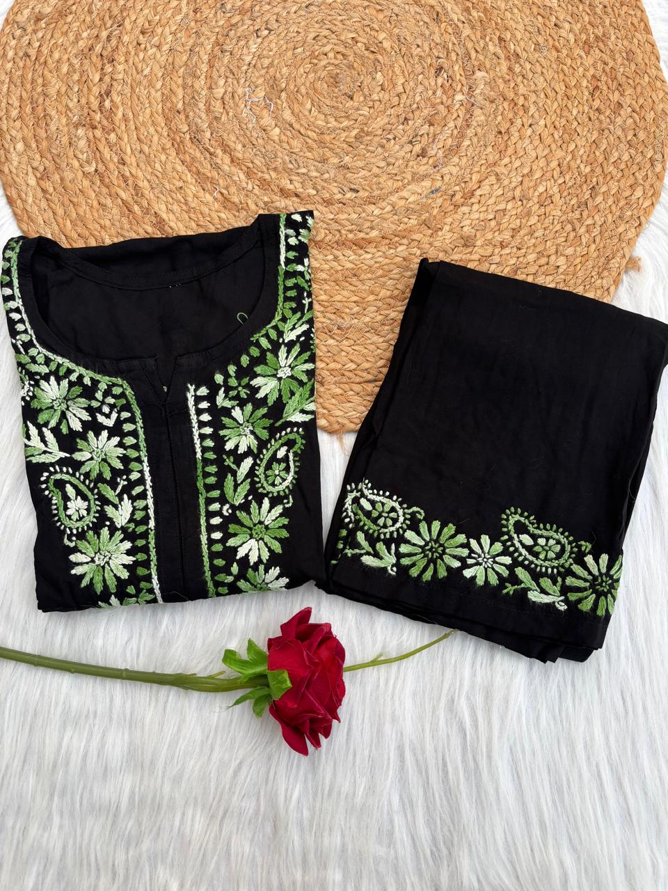 Lubna Rayon Handwork Chikankari Kurti Set- Green Colour