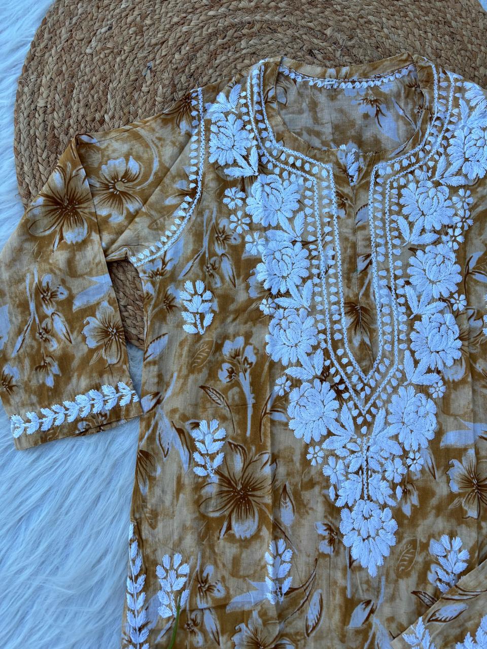 Shazia Mulmul Cotton Chikankari Kurti Set - Mustard Colour