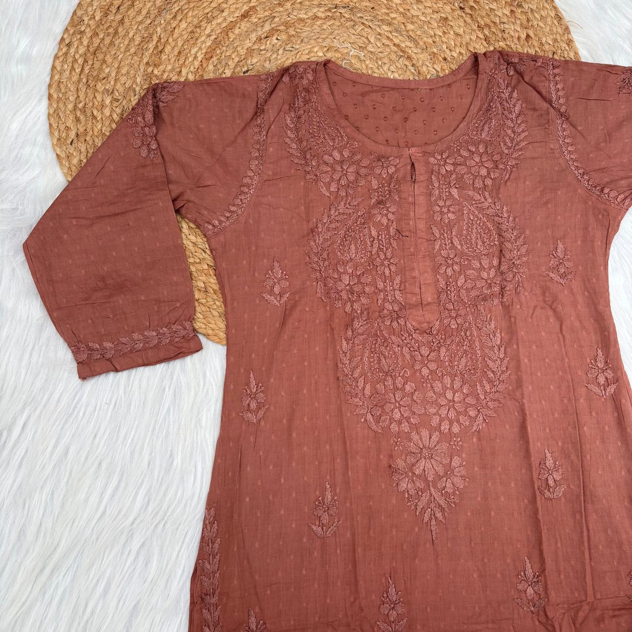 Nuha Dobby cotton Ombre shaded Lucknowi Chikankari Kurti Plazo Set - Brown Colour