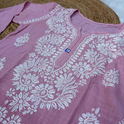 Isha Slub Cotton Chikankari Kurti - Blush colour