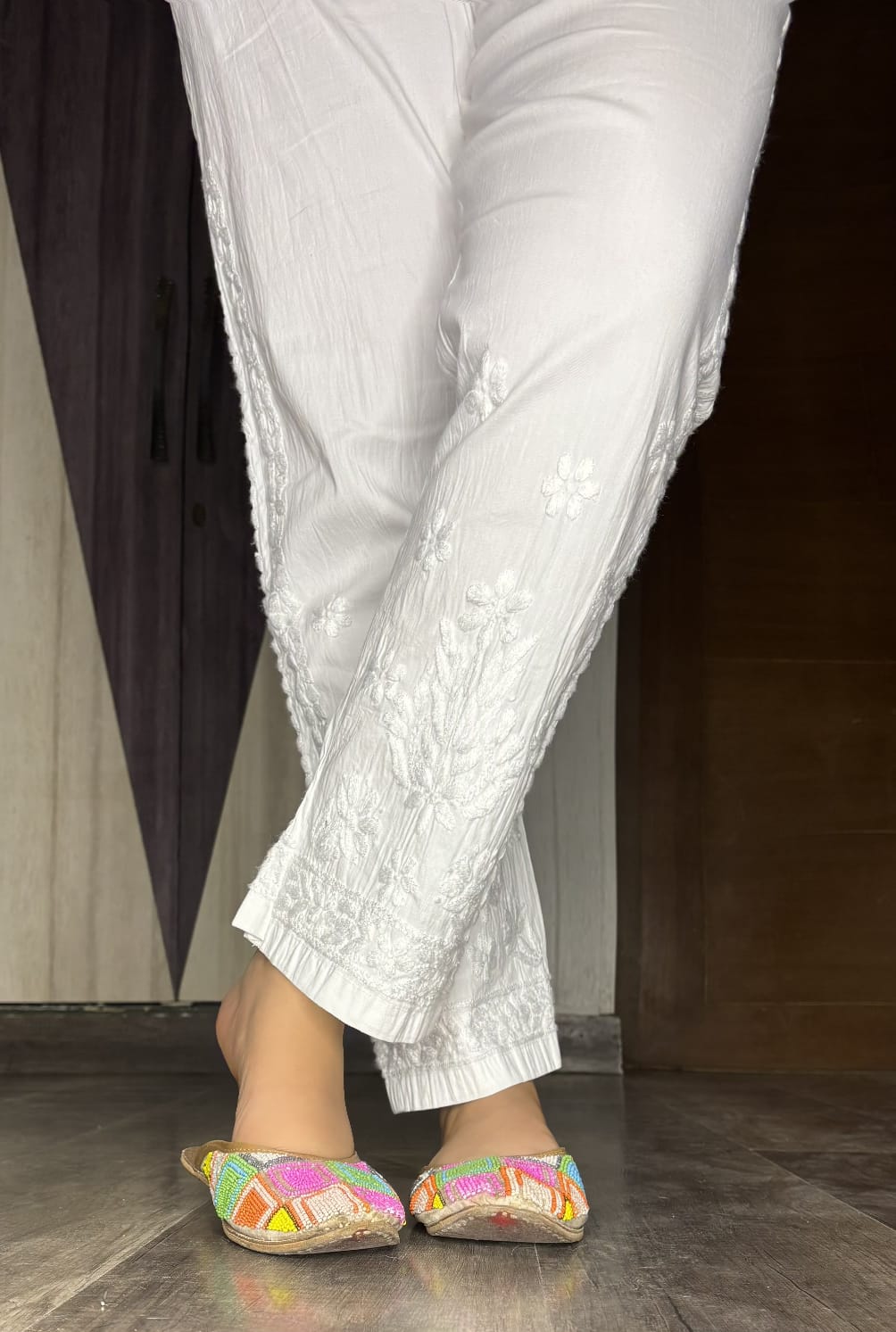 Yara Pure Cotton Lycra Handwork Chikankari Pant-White colour