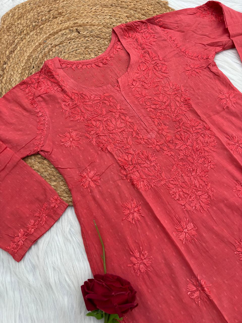 Ziva Soft Dobby Cotton Lucknowi Handwork Chikankari Short Kurti - Gazri Colour