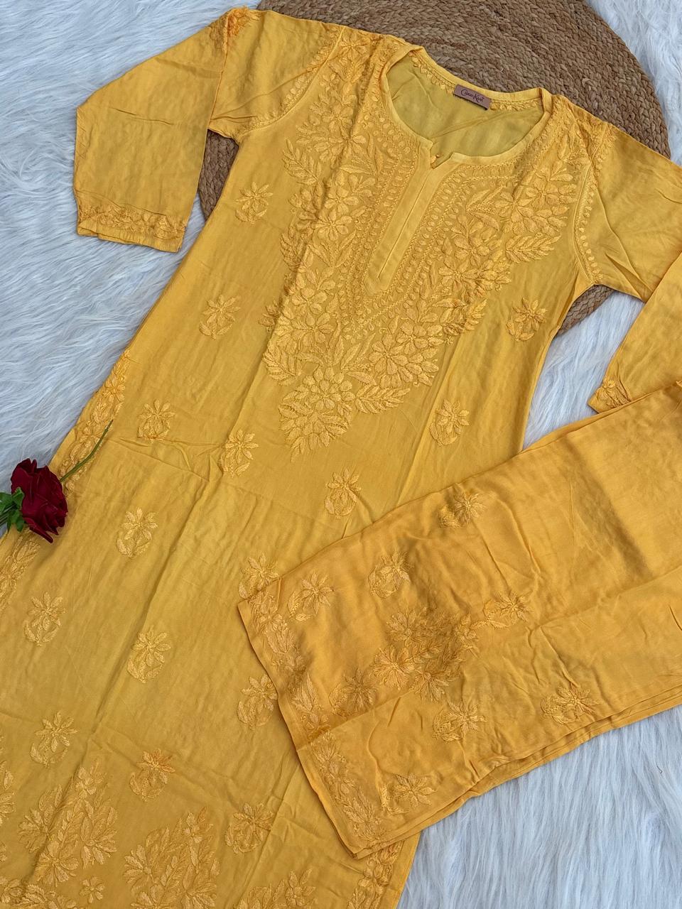 Azra Soft Rayon Dyeable Handwork Chikankari kurti Set - Yellow Colour