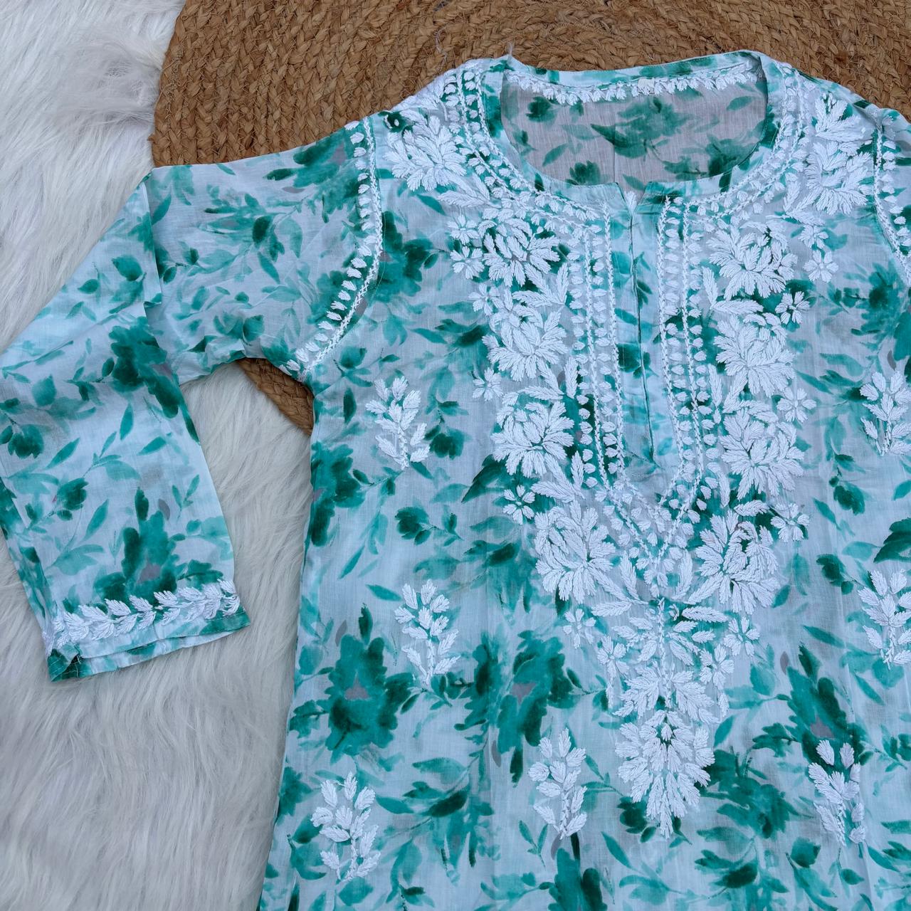 Aaliyah Mulmul Cotton Chikankari Kurti Set -Sea Green Colour