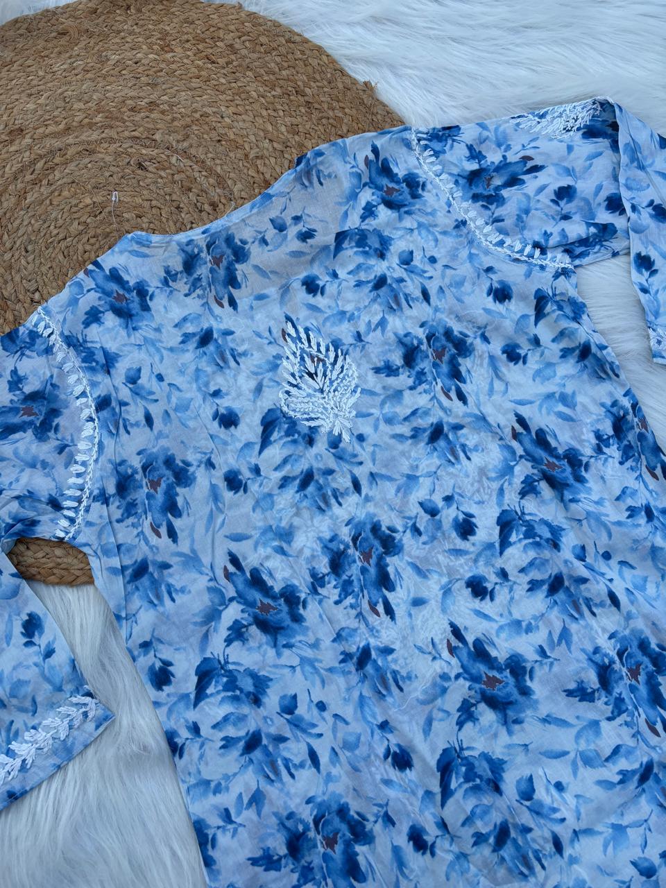 Hadaya Mulmul Cotton Chikankari Kurti Set - Blue Colour