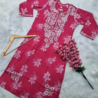 Suhana Khan Inspired Pure Mulmul Chikankari Kurti- Pink Colour