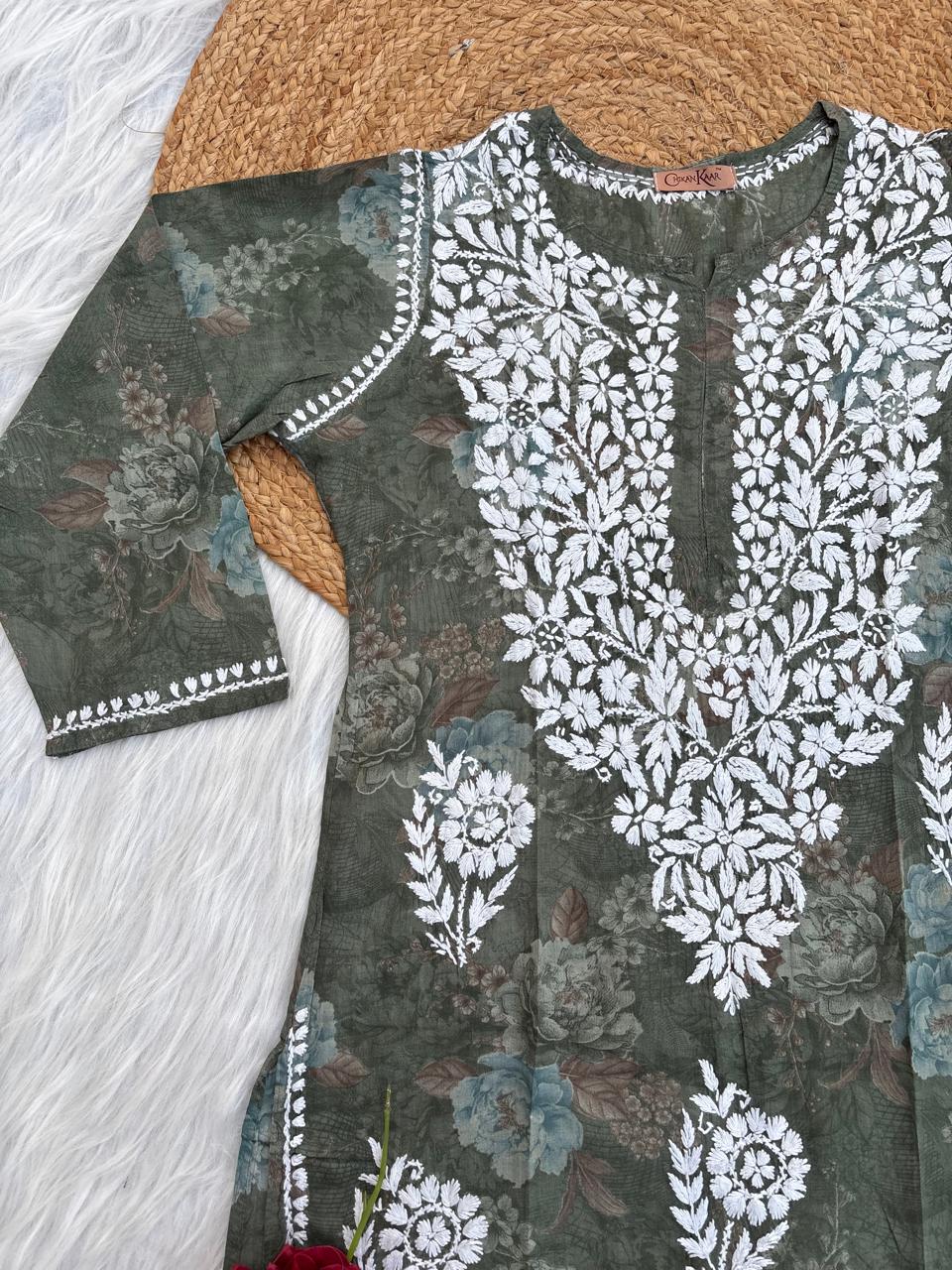 Zaina Pure Mulmul Chikankari Handwork Kurti - Dark Green Colour