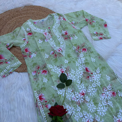 Rasha Pure Mulmul Chikankari Kurti - Pista Colour