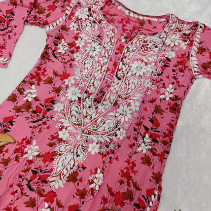 Soft Modal Floral Printed Chikankari Handwork Kurti - Pink  Colour