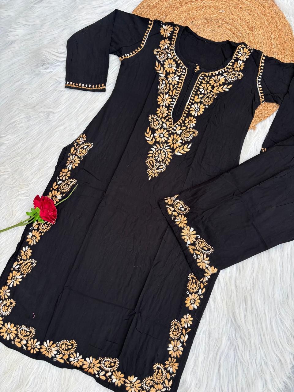 Lubna Rayon Handwork Chikankari Kurti Set- Mustard Colour