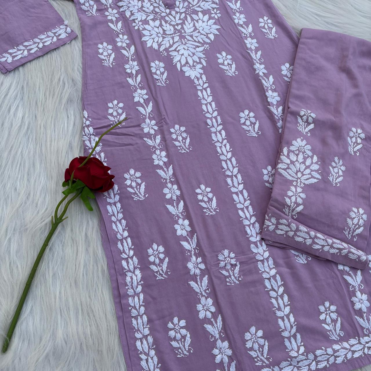 Samara Rayon Handwork Chikankari Kurti Plazo Set - Mauve Colour