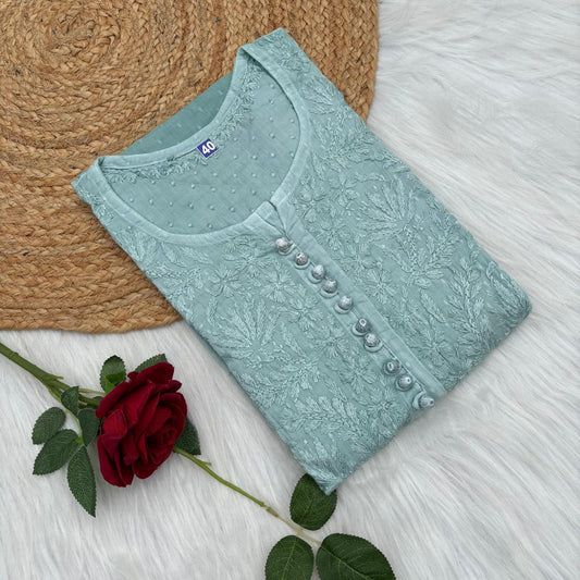 Farah Ombre Shaded Dobby Cotton Chikankari Kurti - Pista green colour