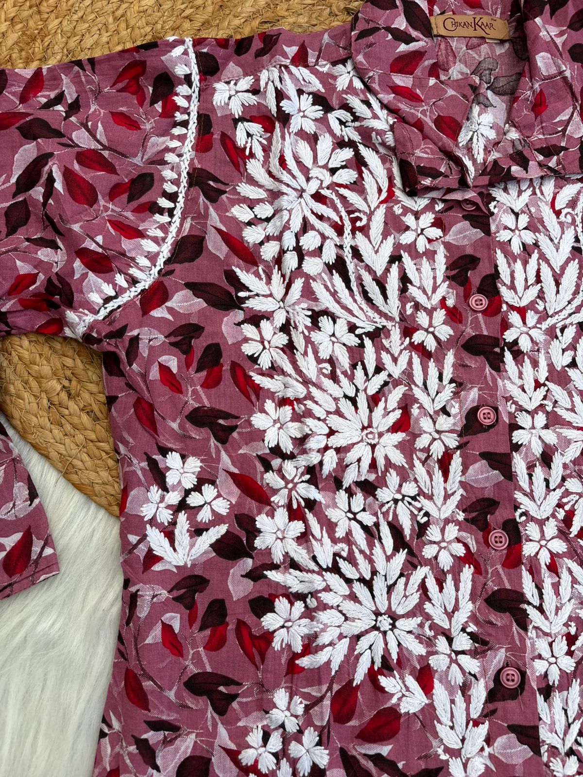 Mulmul Cotton Lucknowi Chikankari Coord Set - Cherry Colour