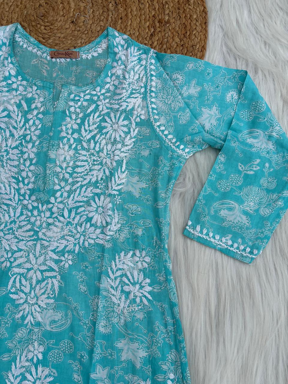 Sameera Pure Mulmul Chikankari Handwork Kurti - Blue Colour