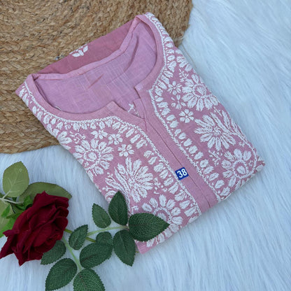 Isha Slub Cotton Chikankari Kurti - Blush colour
