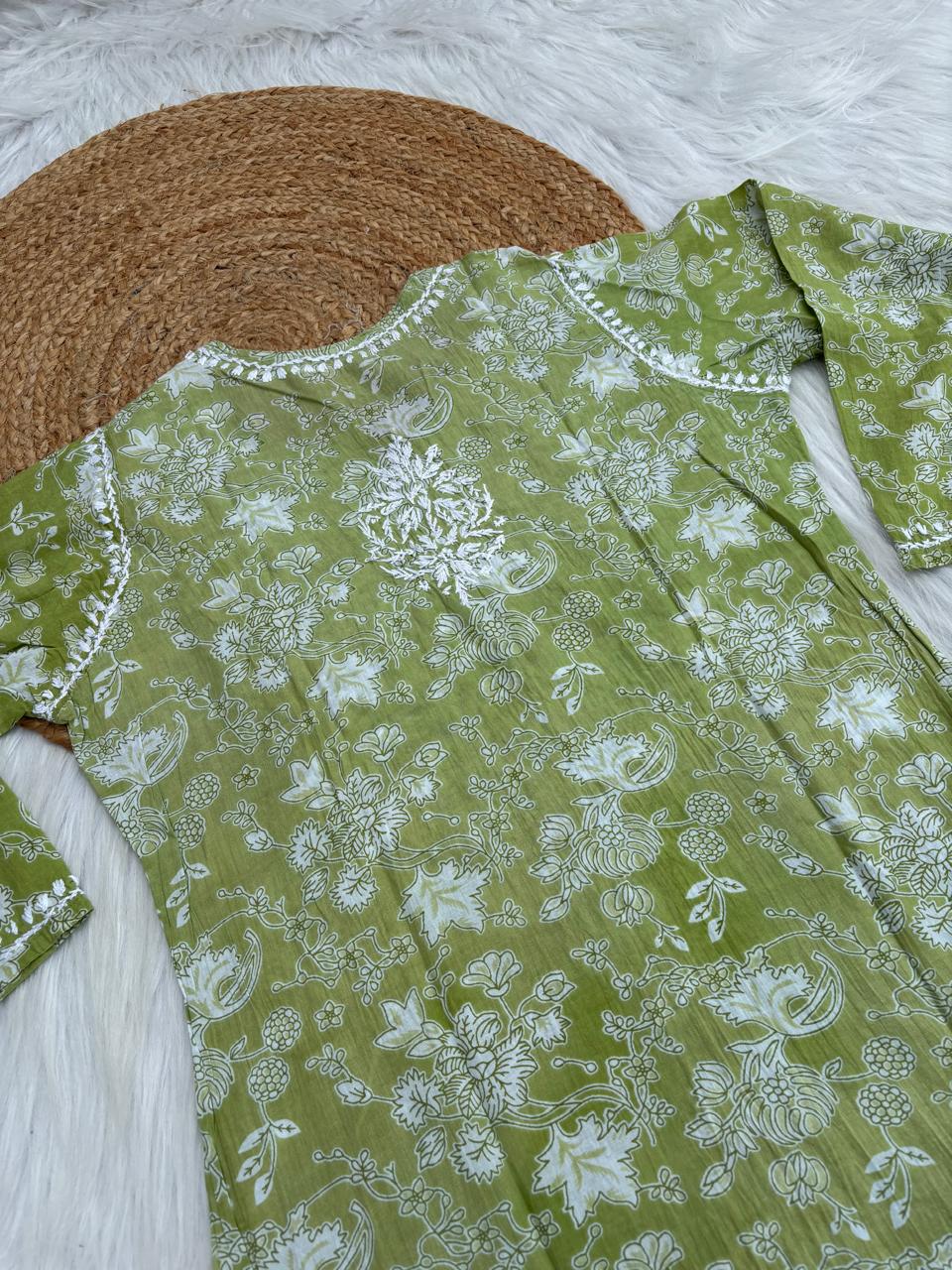 Sameera Pure Mulmul Chikankari Handwork Kurti - Green Colour